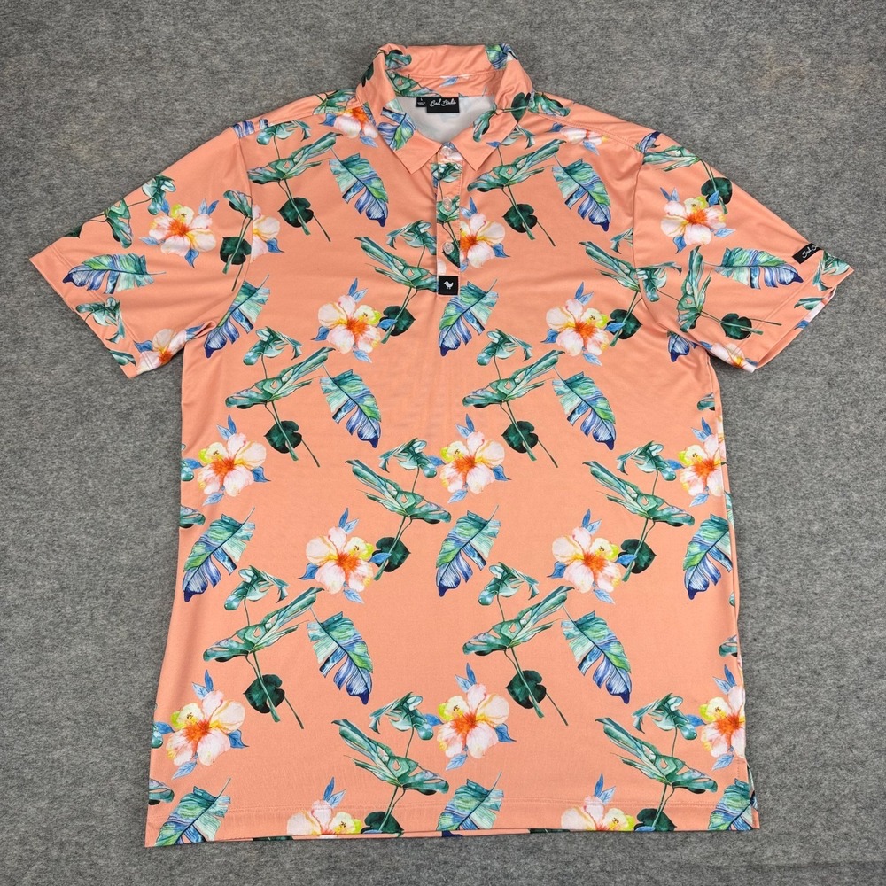 Bad Birdie Fresco Polo Shirt Tropical Floral Polyester Peach Mens Large L